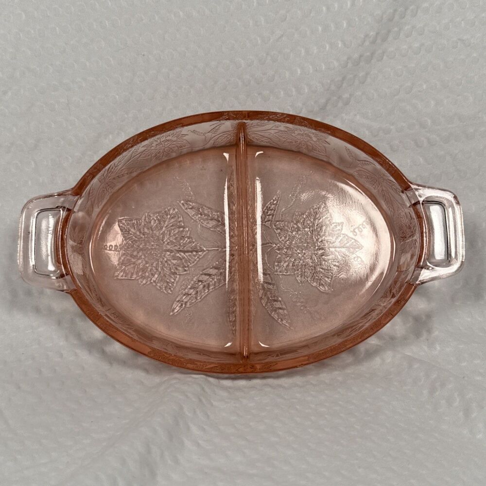 Jeannette Floral Poinsettia Pink Depression Glass Divided Relish Oval Dish